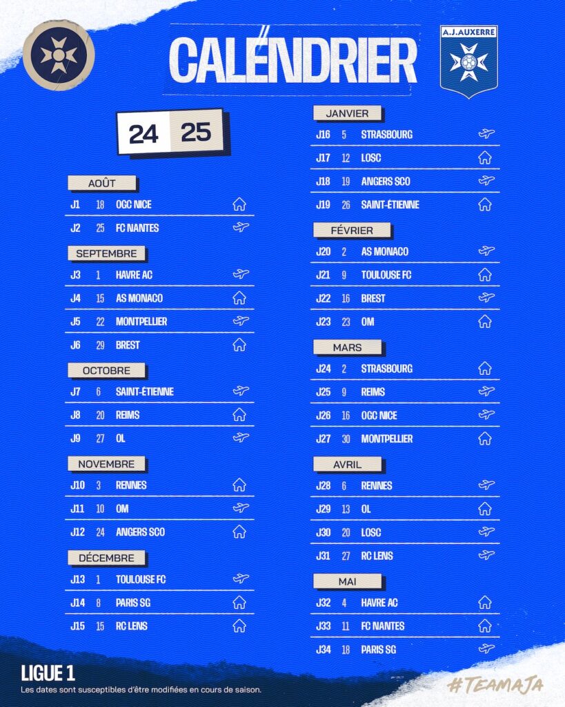 Découvrez le calendrier 20242025 de l’AJA